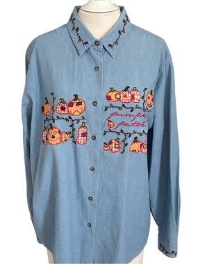 Vintage Karen Scott Womens Pumpkin Patch Embroidered Denim Shirt Sz XL Button Up